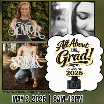 flyer for senior photos at the youth center, may 2nd at 8am